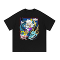 Black T-shirt with white-haired Luffy with a blue dragon, yellow flames, red frame and Japanese lettering printed on the front