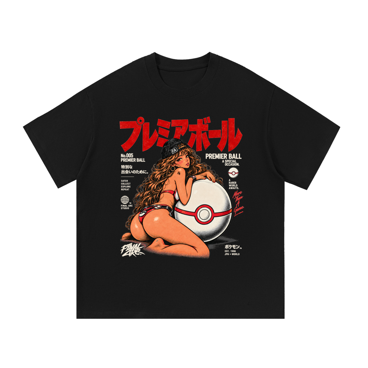 Black Premier Ball T-shirt, front view with white Ball with a red ring, an illustrated character and red Japanese lettering