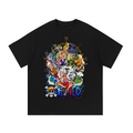 Black T-shirt with wano character collage with Luffy, Zoro, Sanji and Yamato, gold compass and blue One Piece lettering printed on the front