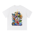 White T-shirt with wano character collage with Luffy, Zoro, Sanji and Yamato, gold compass and blue One Piece lettering printed on the front