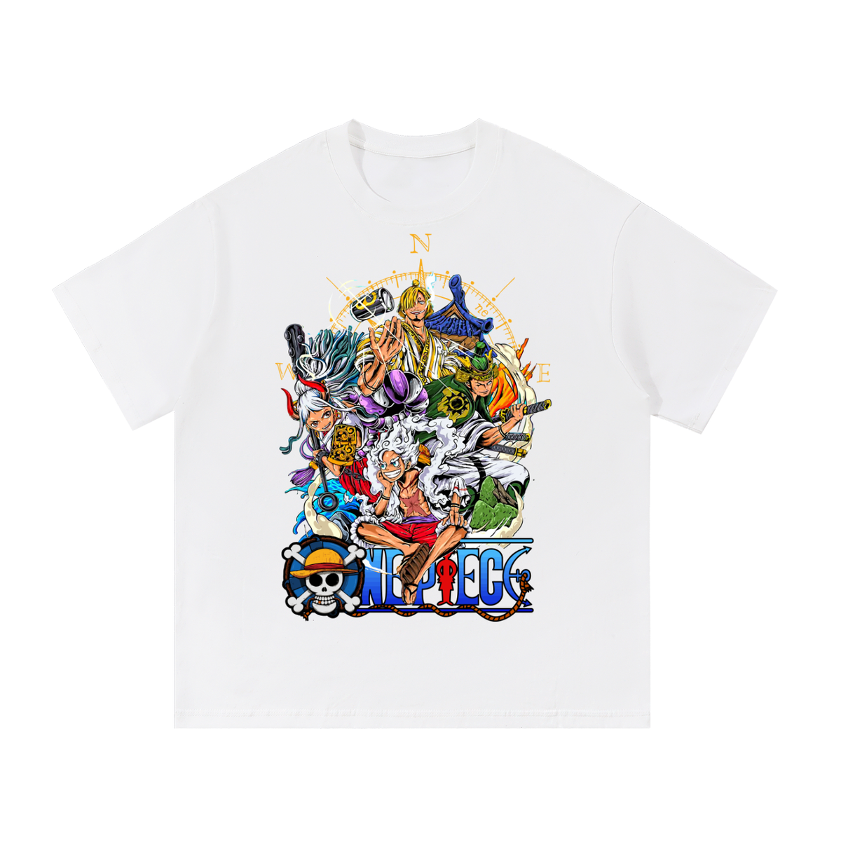 White T-shirt with wano character collage with Luffy, Zoro, Sanji and Yamato, gold compass and blue One Piece lettering printed on the front