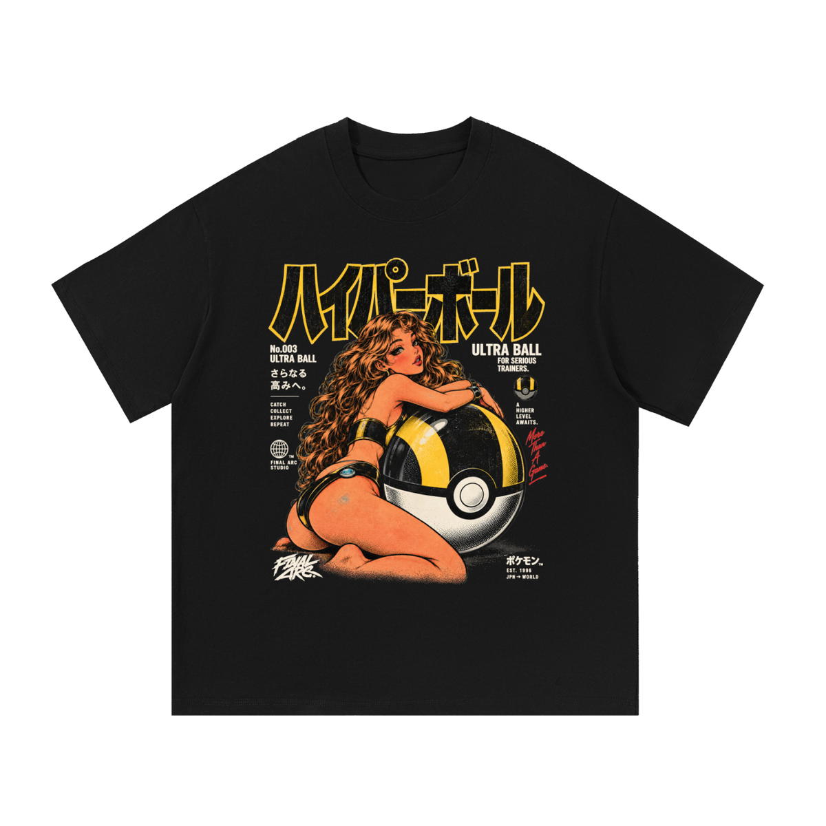 Black Ultra Ball T-shirt, front view with black-and-yellow Ball, an illustrated character and Japanese lettering