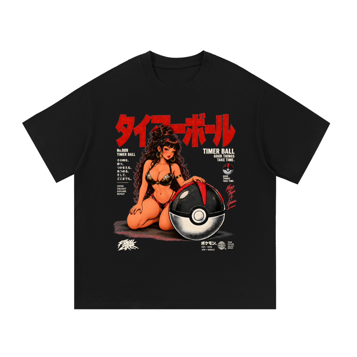 Black Timer Ball T-shirt, front view with black-and-red Ball, an illustrated character and red Japanese lettering