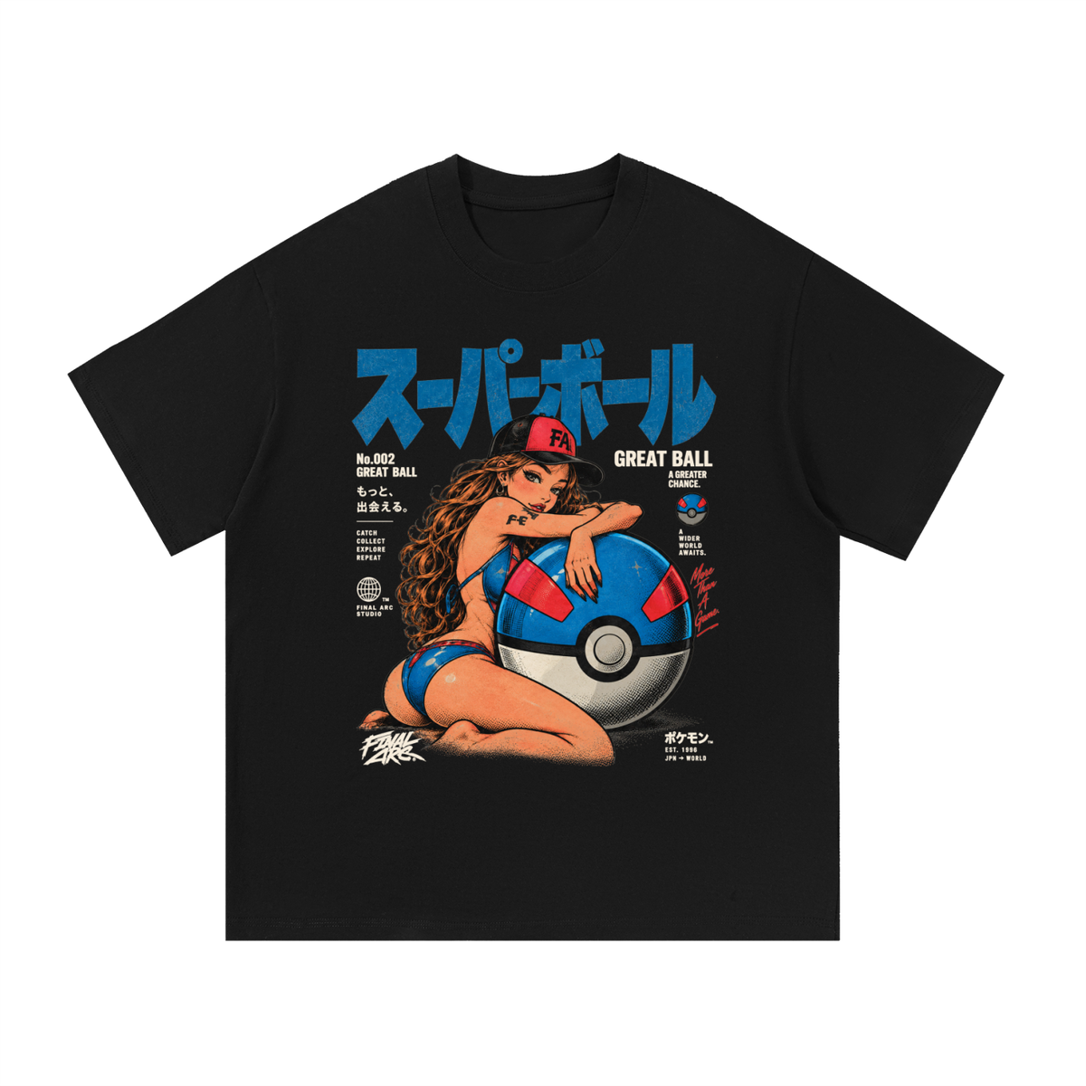 Black Great Ball T-shirt, front view with blue-and-red Ball, a character in a cap and blue Japanese lettering