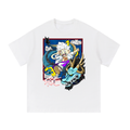 White T-shirt with white-haired Luffy with a blue dragon, yellow flames, red frame and Japanese lettering printed on the front
