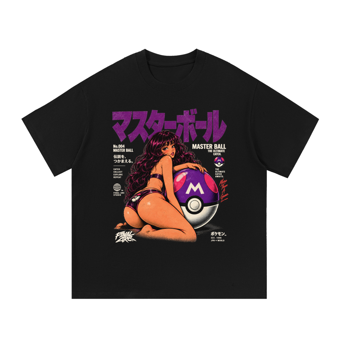 Black Master Ball T-shirt, front view with purple Ball with an M emblem, an illustrated character and purple Japanese lettering