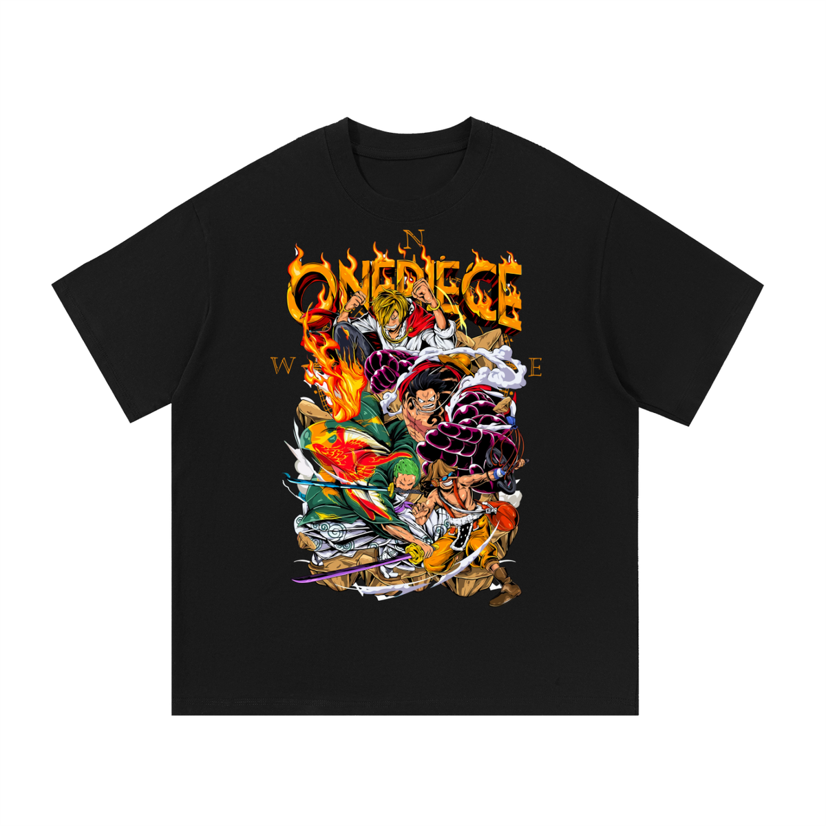 Black T-shirt with one Piece character collage with flaming lettering, Luffy’s fists, Sanji, Zoro and Usopp printed on the front