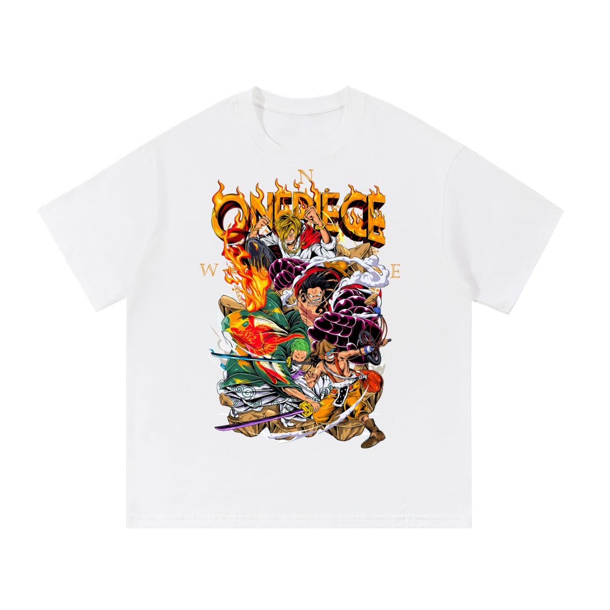 White T-shirt with one Piece character collage with flaming lettering, Luffy’s fists, Sanji, Zoro and Usopp printed on the front